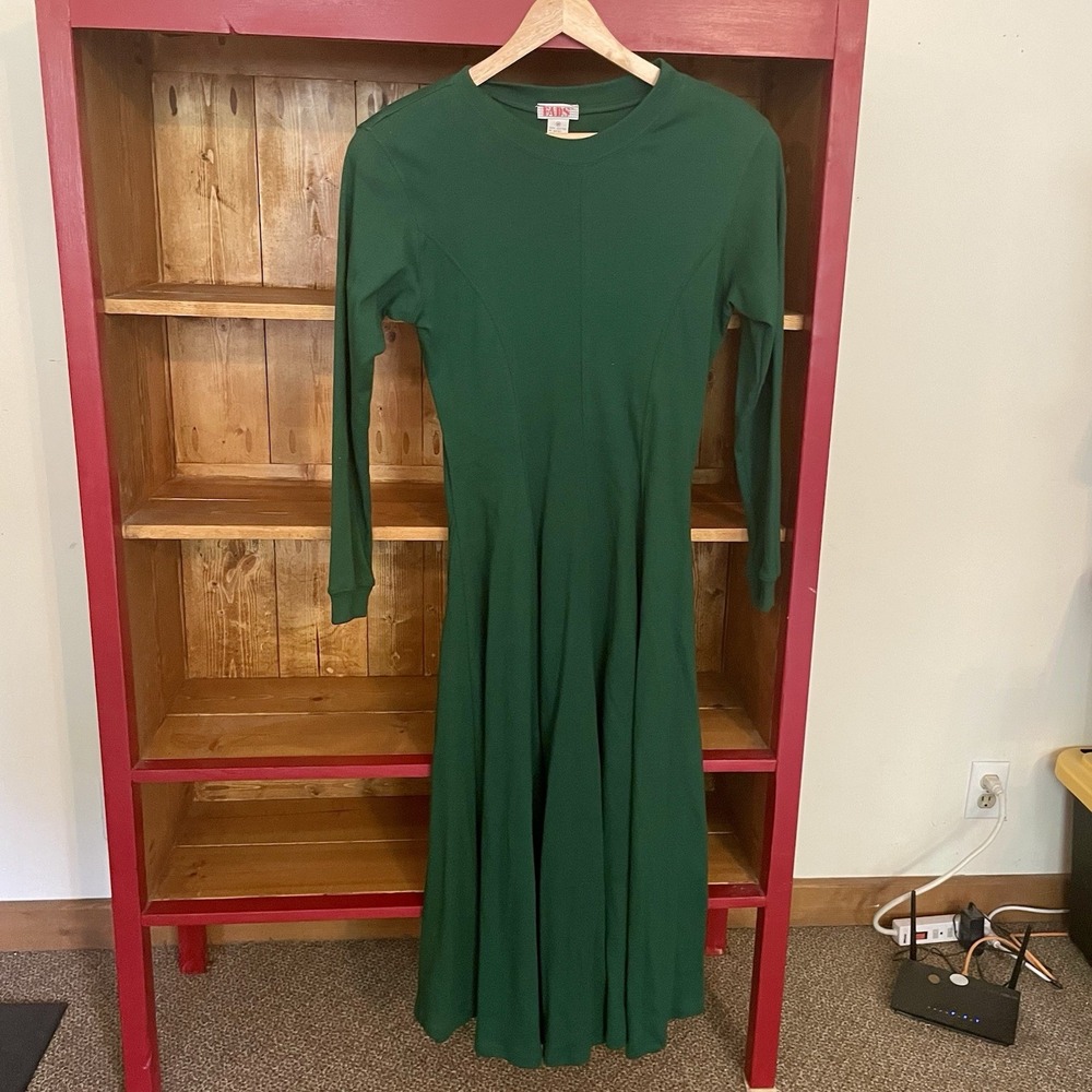 Vintage 80s FADS Women's Green Cotton Long Sleeve Midi Dress Sz M Made In Canada